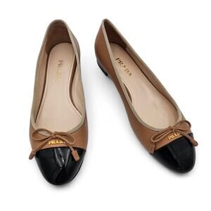 Prada Cap Toe Ballet Flat Beige Brown Black Leather Gold Logo Size 38 US 8